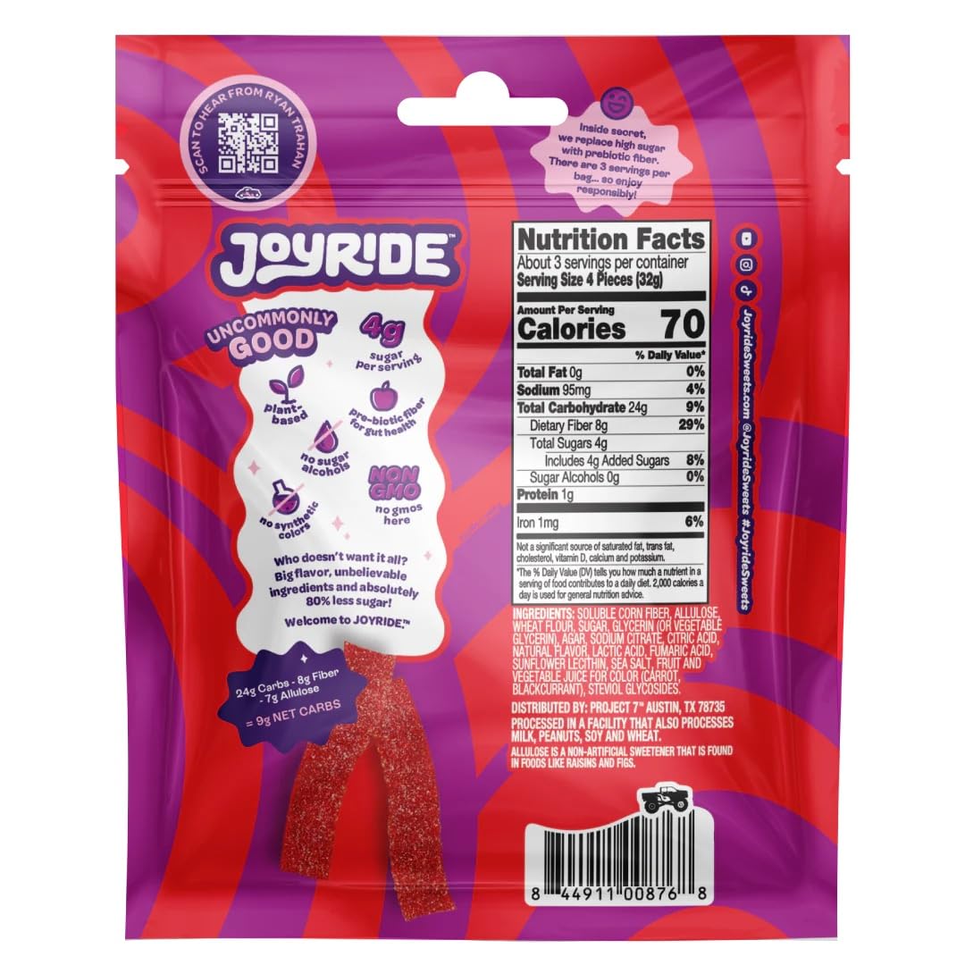 Joyride Sour Pink Lemonade Strips, vegan candy with a bright tart bite