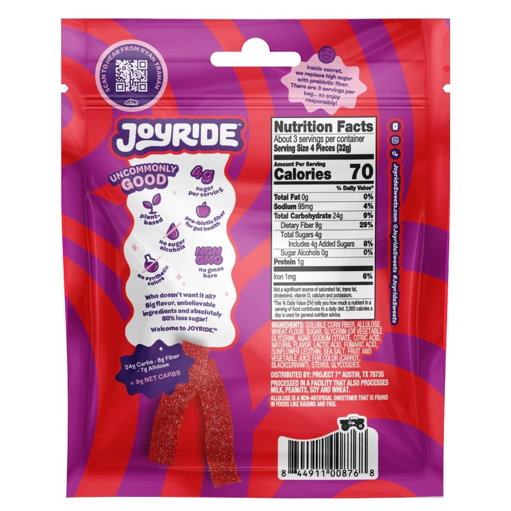 Joyride Sour Pink Lemonade Strips, vegan candy with a bright tart bite