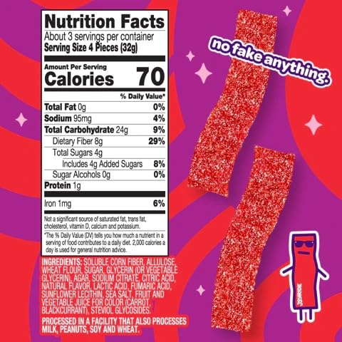 Joyride Sour Strawberry Strips, plant-based treat with prebiotic fiber
