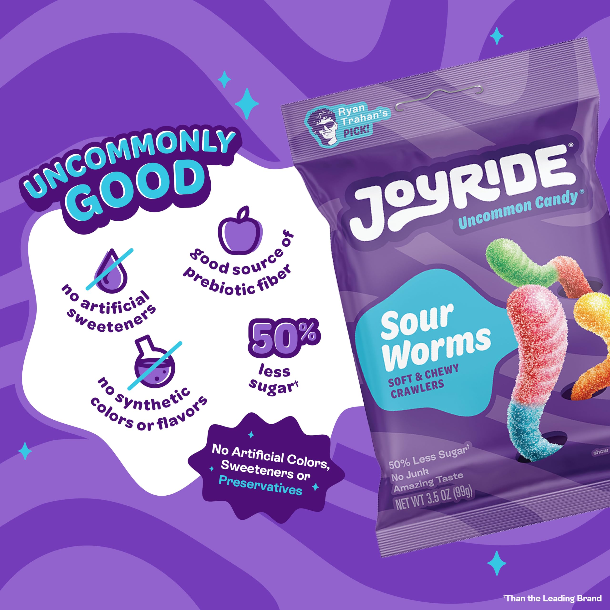 Joyride Sour Worms Strawberry Blue Raspberry combo delivers tang and sweetness.