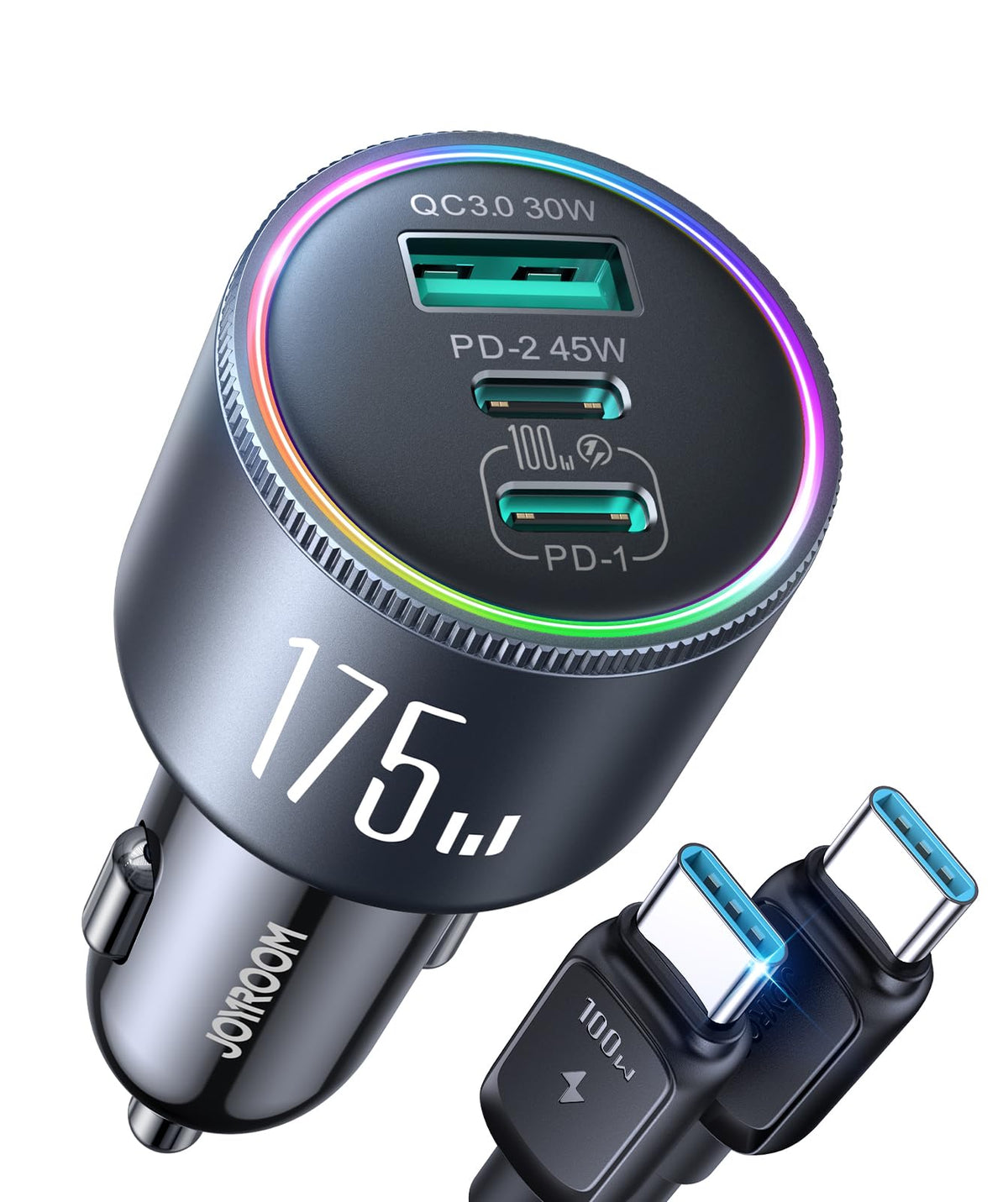 Joyroom 175W car charger front view shows compact, on-the-go power.