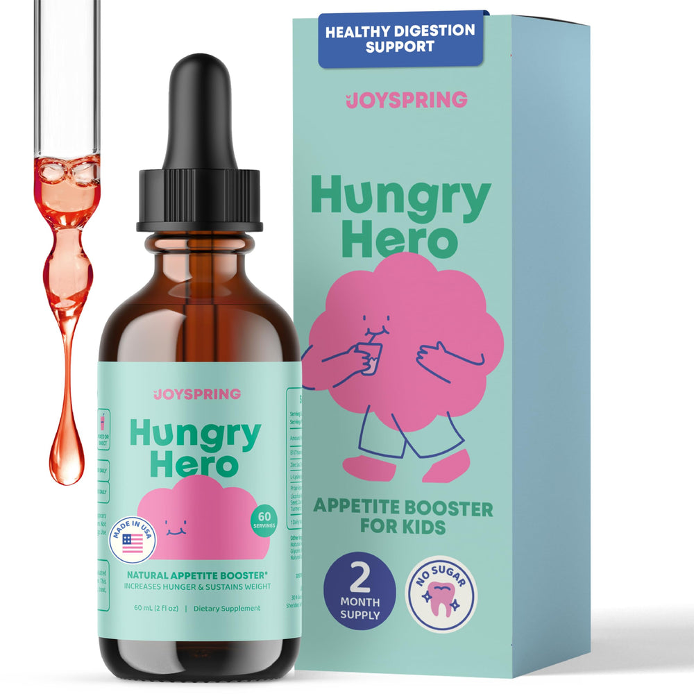 JoySpring Appetite Booster for Kids bottle shown at home, supporting healthier eating at meals.