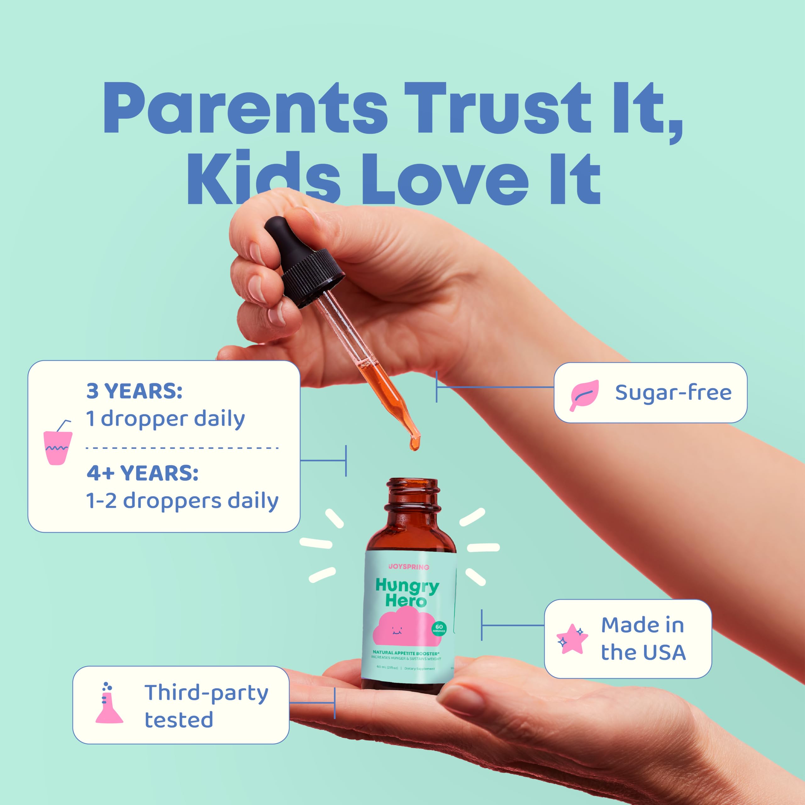JoySpring Appetite Booster packaging emphasizes sugar-free formula for kids.