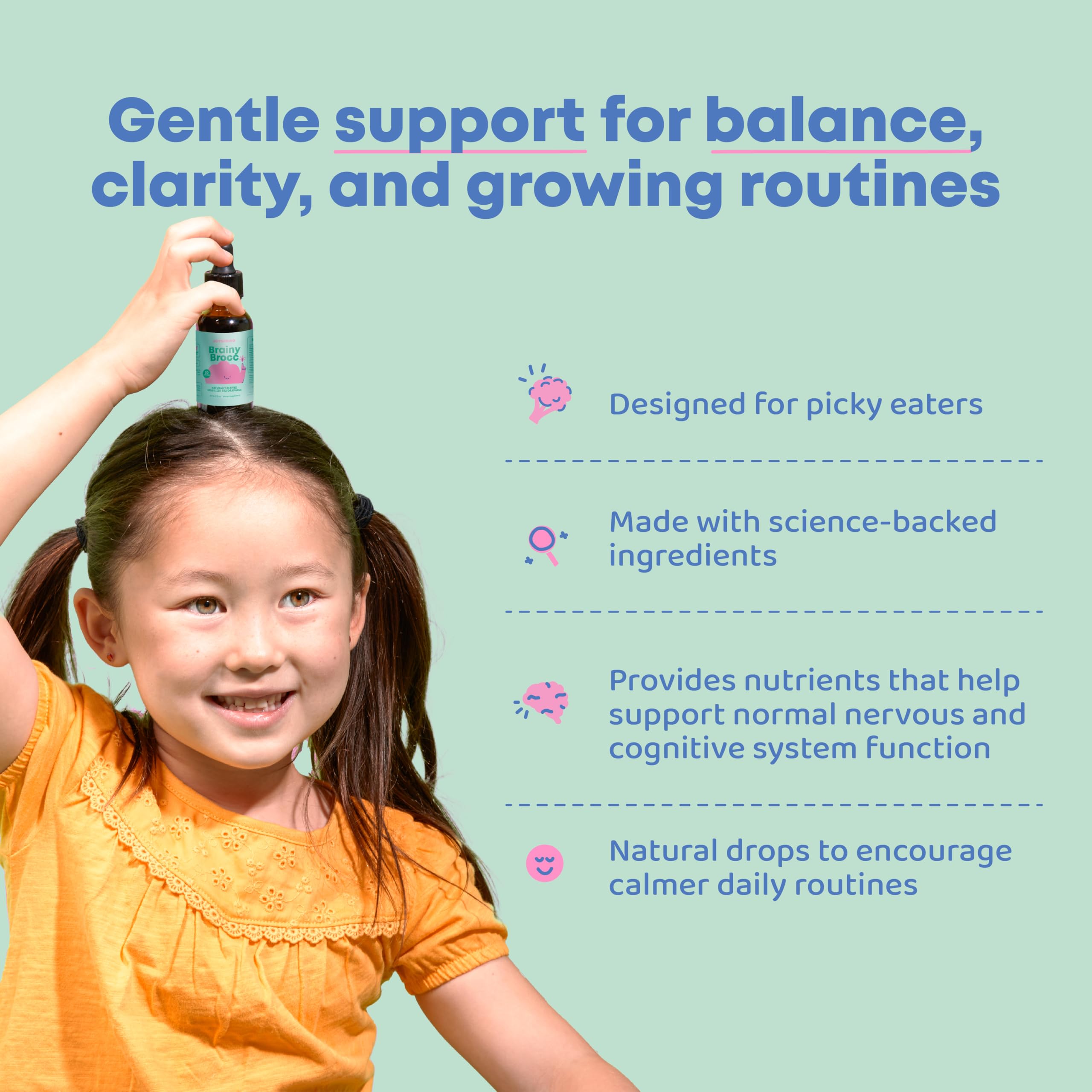 JoySpring broccoli supplement drops pour demonstrates easy mixing into juice for kids.