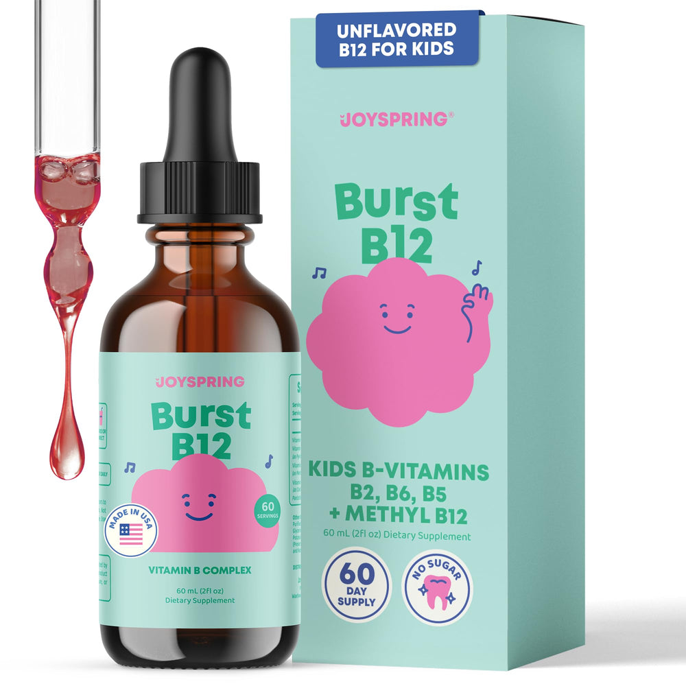 JoySpring Burst B12 Drops bottle shows sugar-free, flavorless vitamin blend for kids.