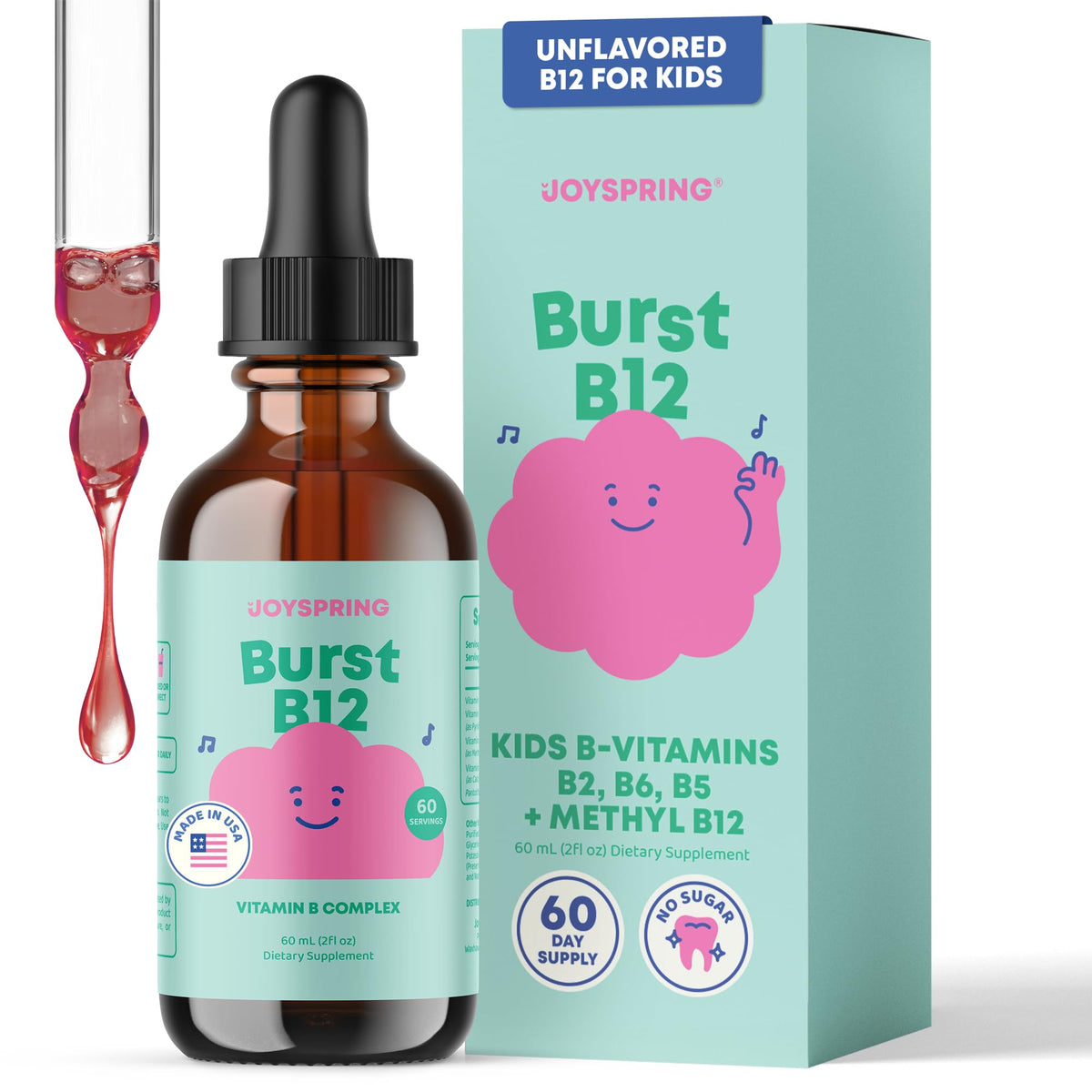 JoySpring Burst B12 Drops bottle shows sugar-free, flavorless vitamin blend for kids.