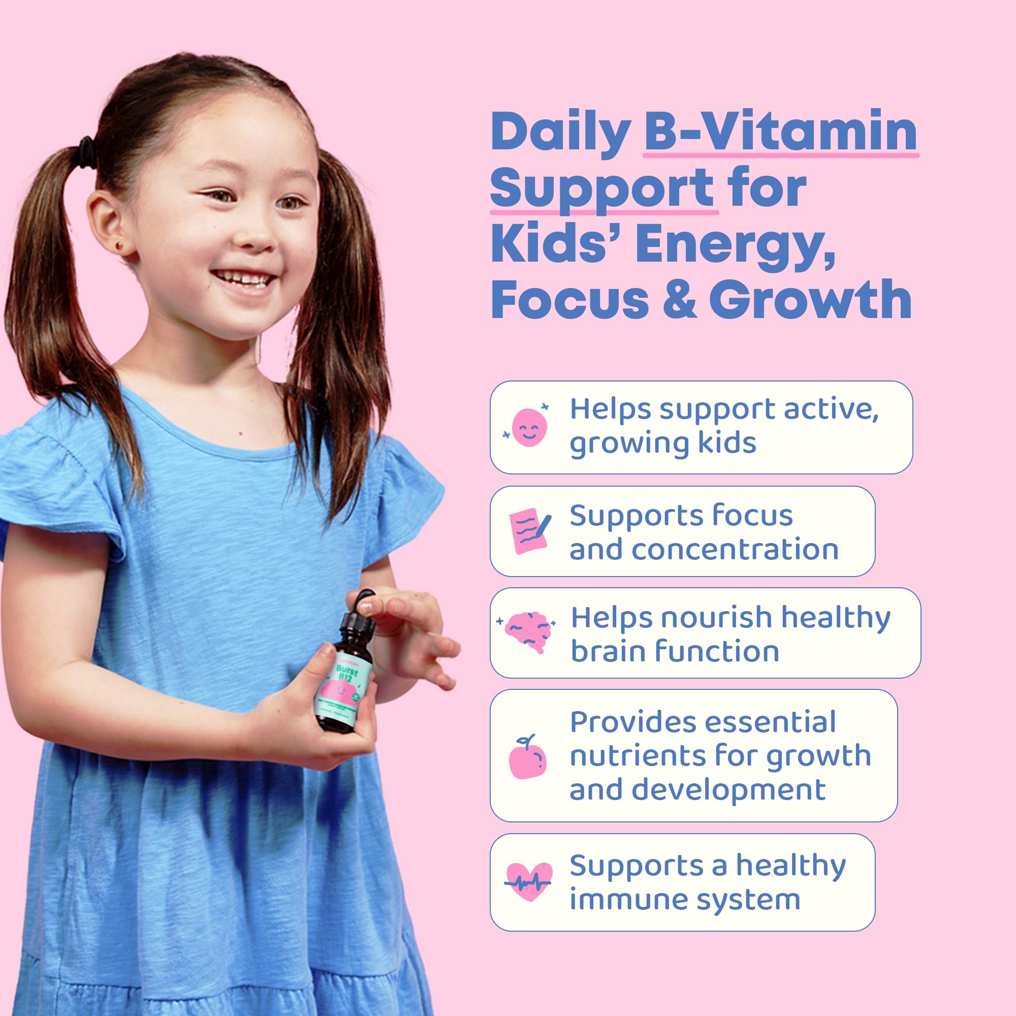 JoySpring Burst B12 Drops dropper shows precise dosing for easy kid-friendly use.
