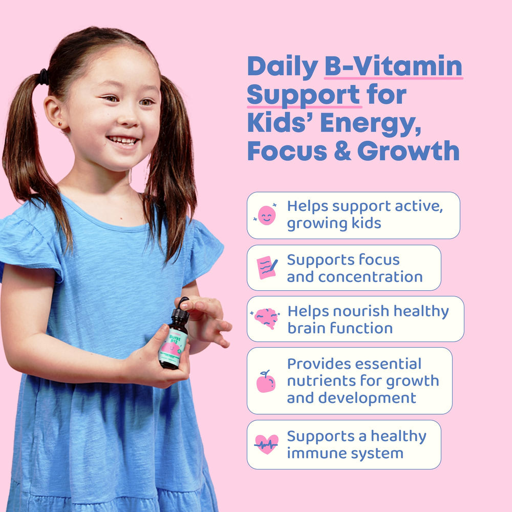 JoySpring Burst B12 Drops dropper shows precise dosing for easy kid-friendly use.