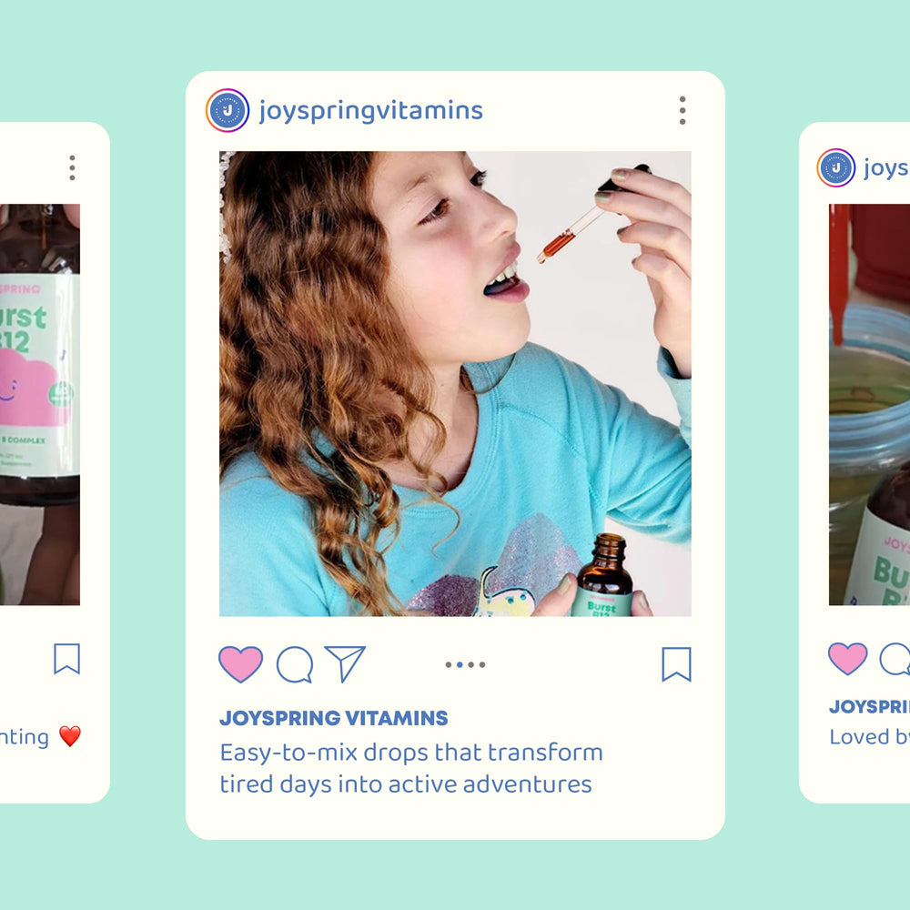 JoySpring Burst B12 Drops flavorless formula bottle label highlights vegan, sugar-free features.