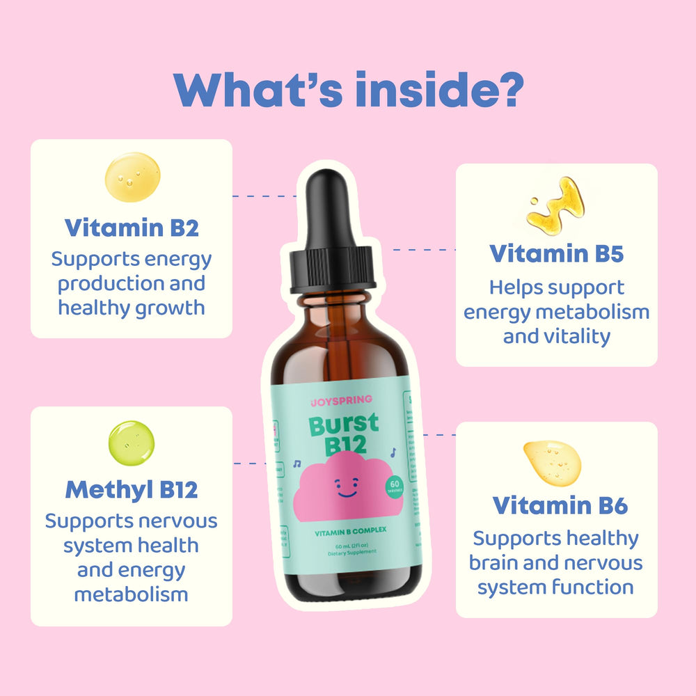 JoySpring Burst B12 Drops vegan vitamins blend supports growing bodies responsibly.