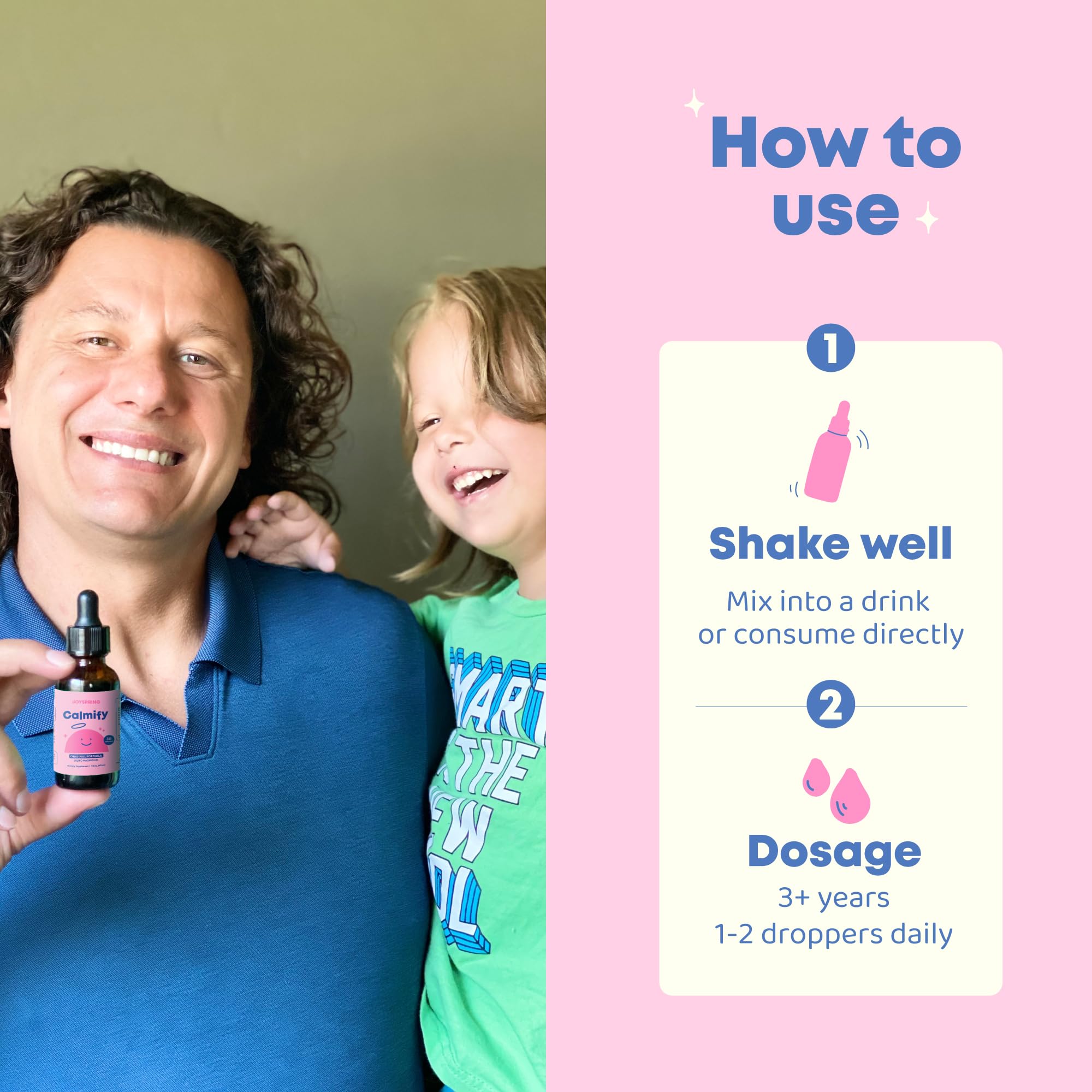 JoySpring Calmify children dosing image shows safe one-dropper use