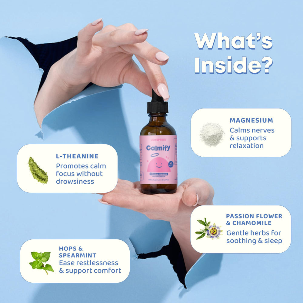 JoySpring Calmify ingredient passion flower graphic suggests gentle support