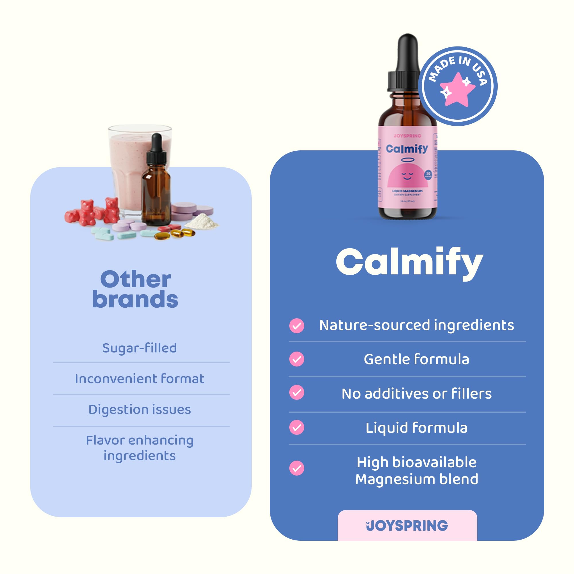 JoySpring Calmify bottle highlights chamomile and L-theanine ingredients for calming support.