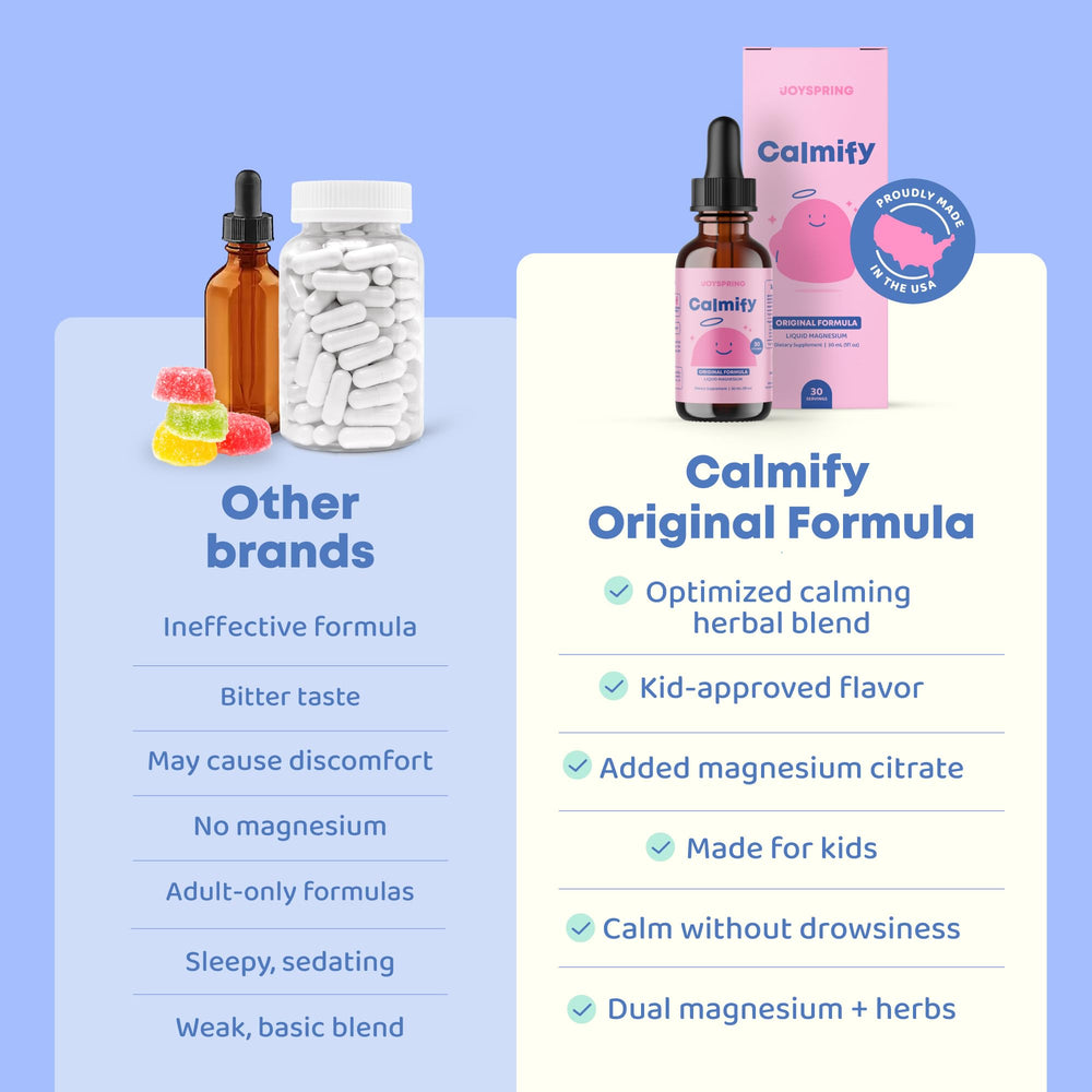 JoySpring Calmify label view highlights vegan, gluten-free, sugar-free packaging