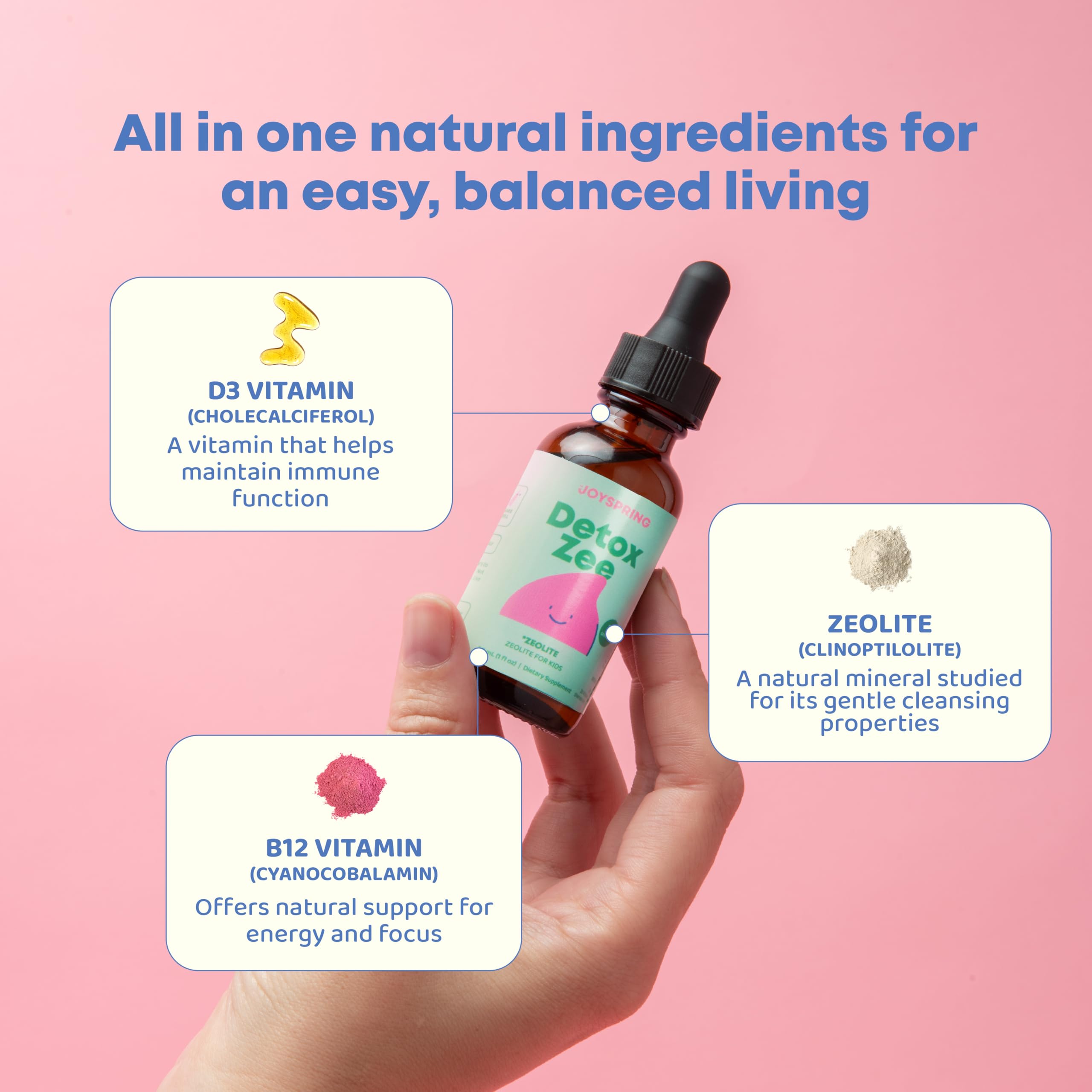 JoySpring DetoxZee Kids packaging showing no sugar added and gluten-free.