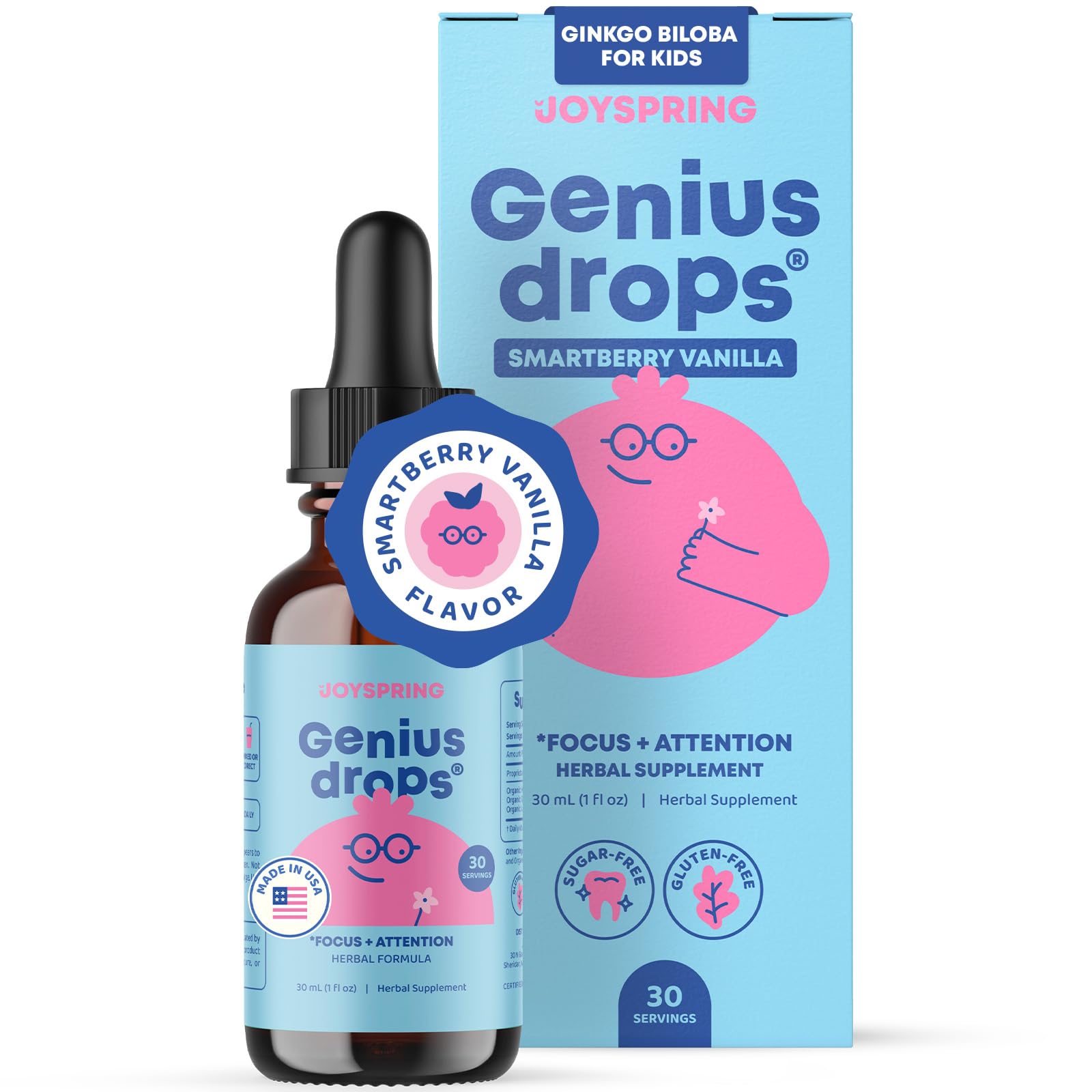 JoySpring Genius Drops Smartberry Vanilla bottle shown for easy daily dosing.