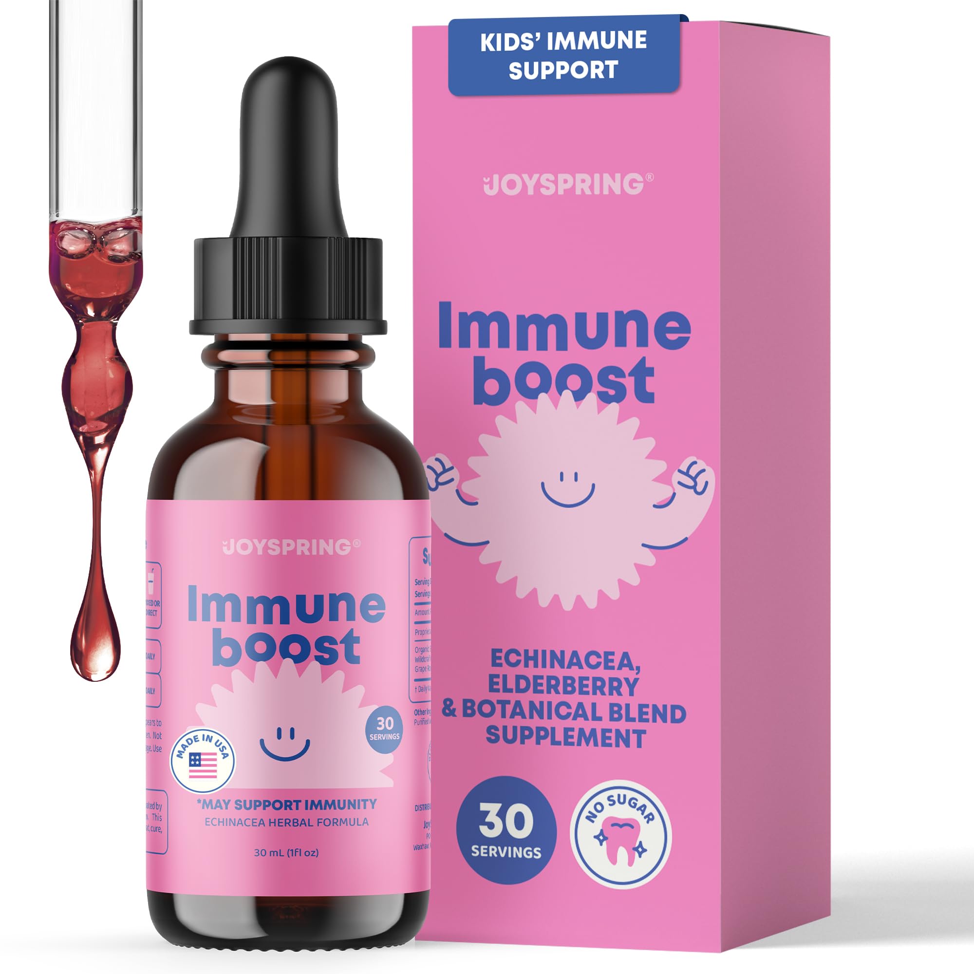 JoySpring Immune Drops bottle with dropper for easy dosing.