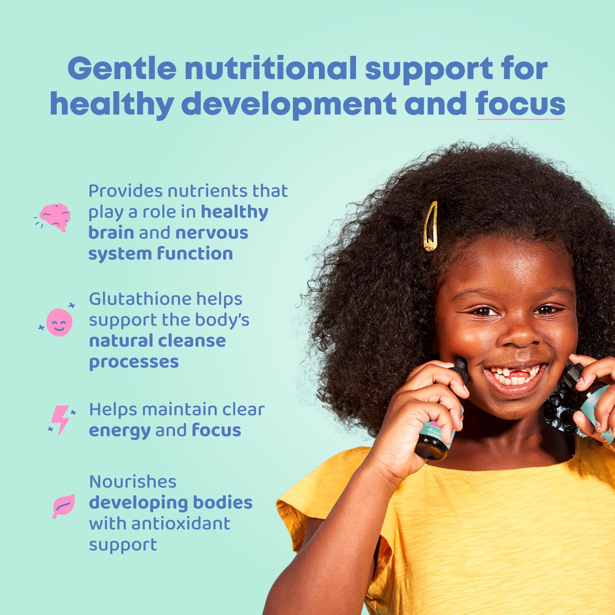 JoySpring Liposomal Glutathione for Kids dropper illustrating simple dosing.