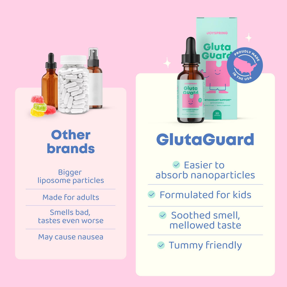 JoySpring Liposomal Glutathione for Kids pour close-up showing smooth liquid.
