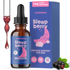 JoySpring Melatonin Kids 1MG bottle showing kid-friendly sleep support for calmer bedtimes.
