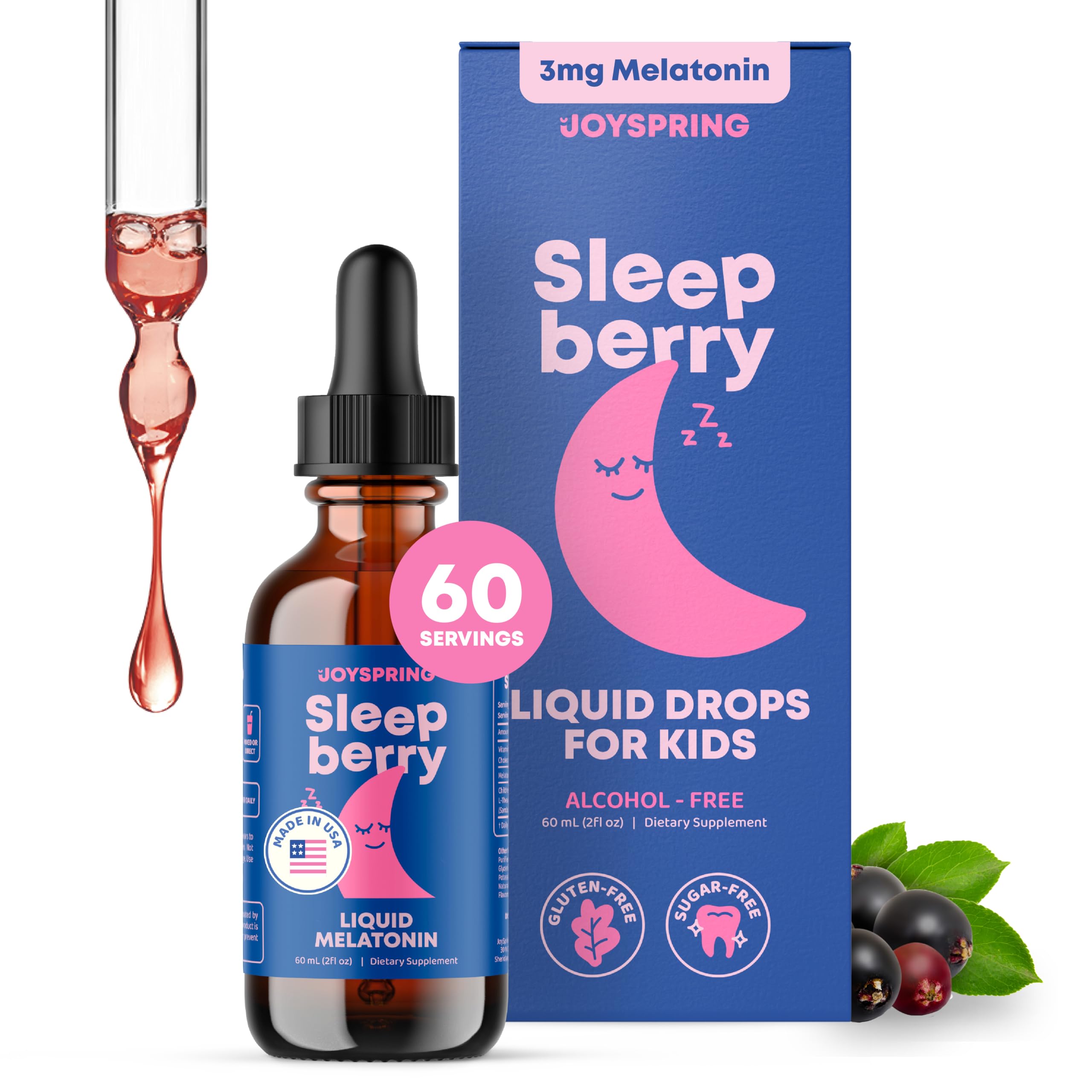 JoySpring Sleepberry bottle label displays berry drops for kids' peaceful evenings.