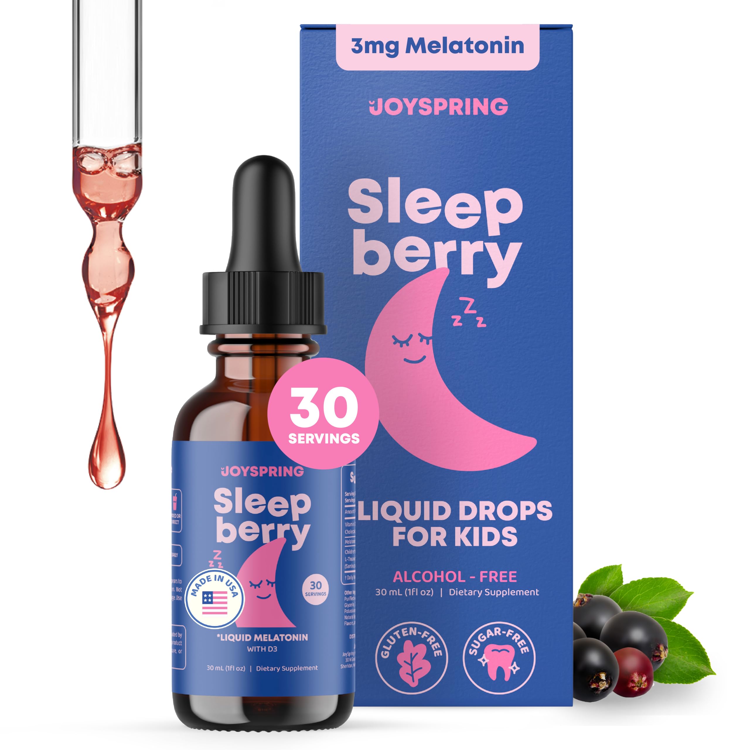 JoySpring SleepBerry bottle pour demonstrates easy nightly dosing for kids.