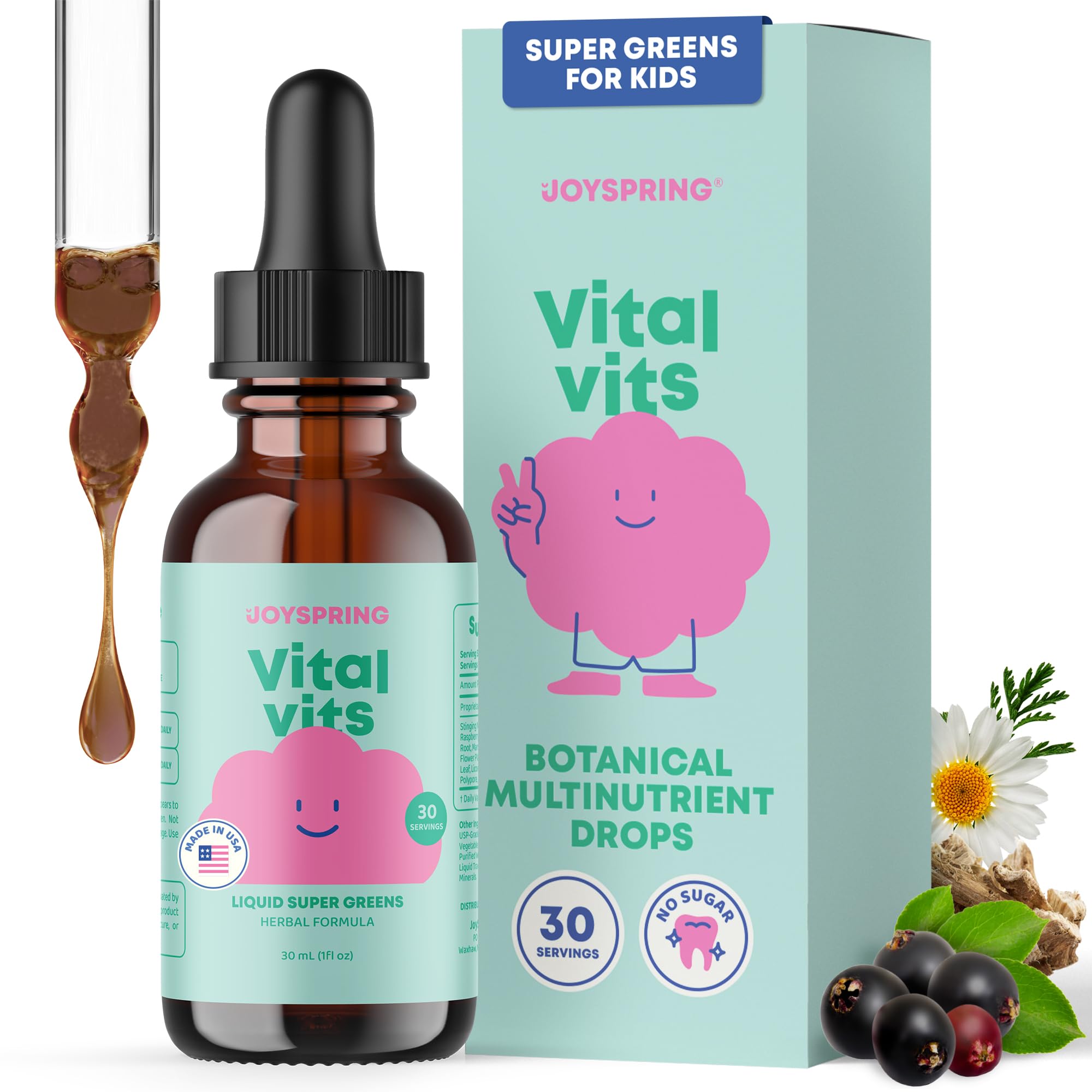 JoySpring Vital Vits bottle label highlighting natural ingredients for daily kid nutrition.