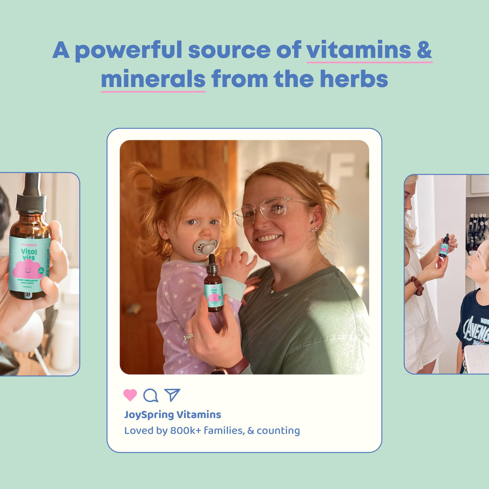 JoySpring Vital Vits herbal blend featuring organic plants for kids.