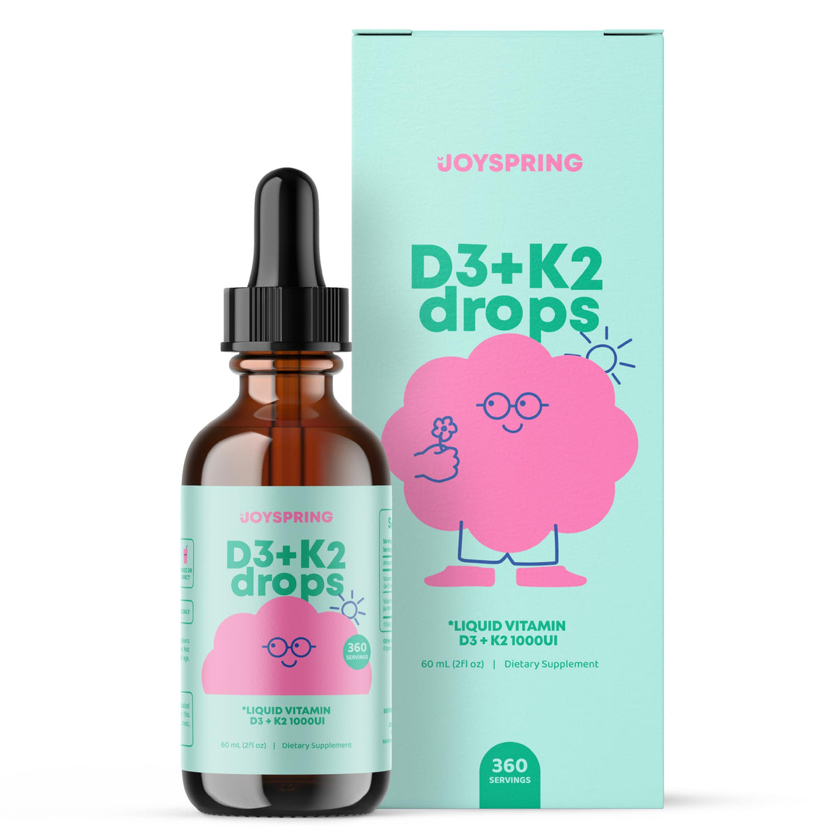 JoySpring Vitamin D3 K2 kids drops bottle showing the product and bone health support