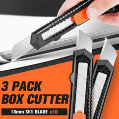 Joyumy box cutter with razor sharp 18mm blades for easy cardboard cutting.