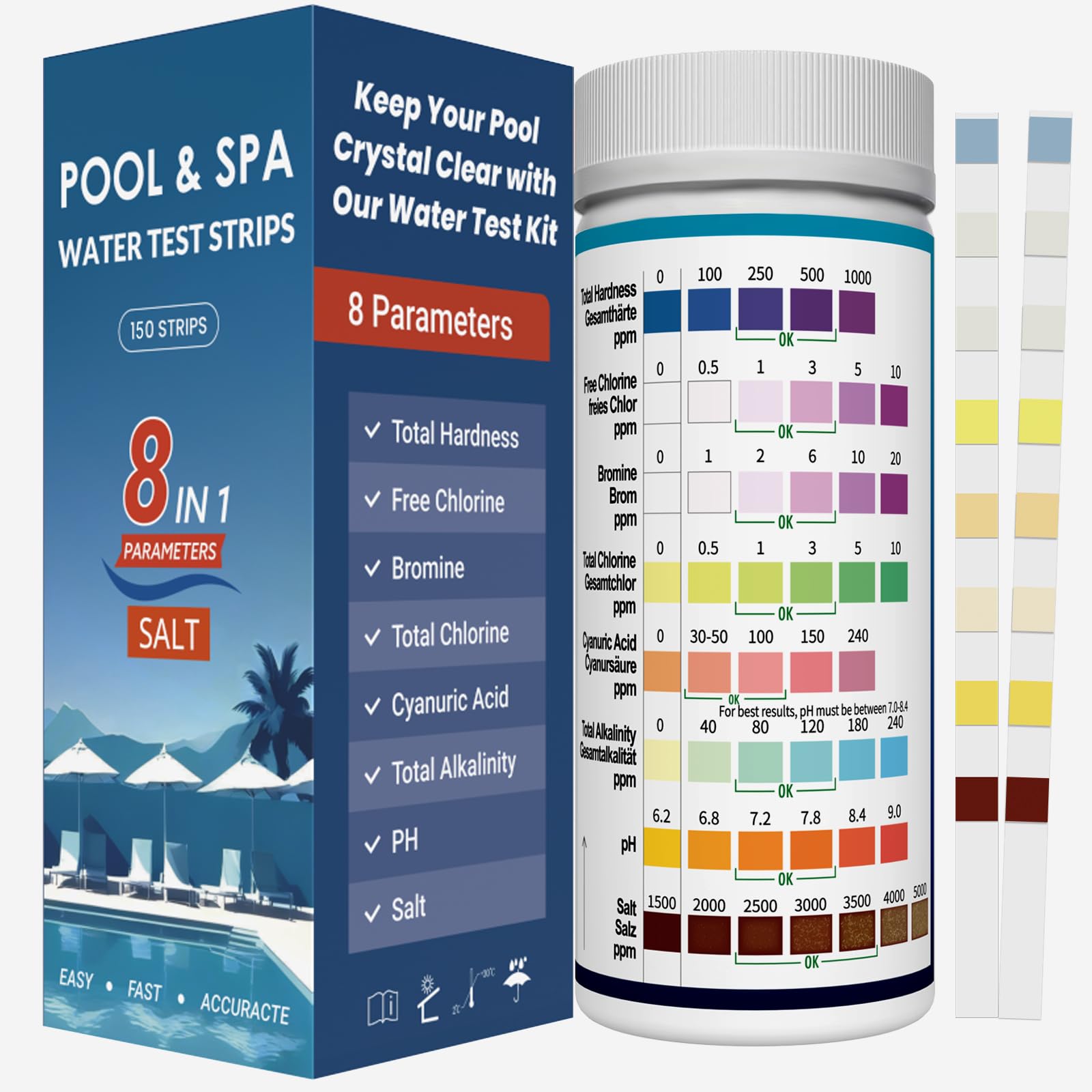 Joyzakzak 8-in-1 pool test strip bottle for quick accurate readings
