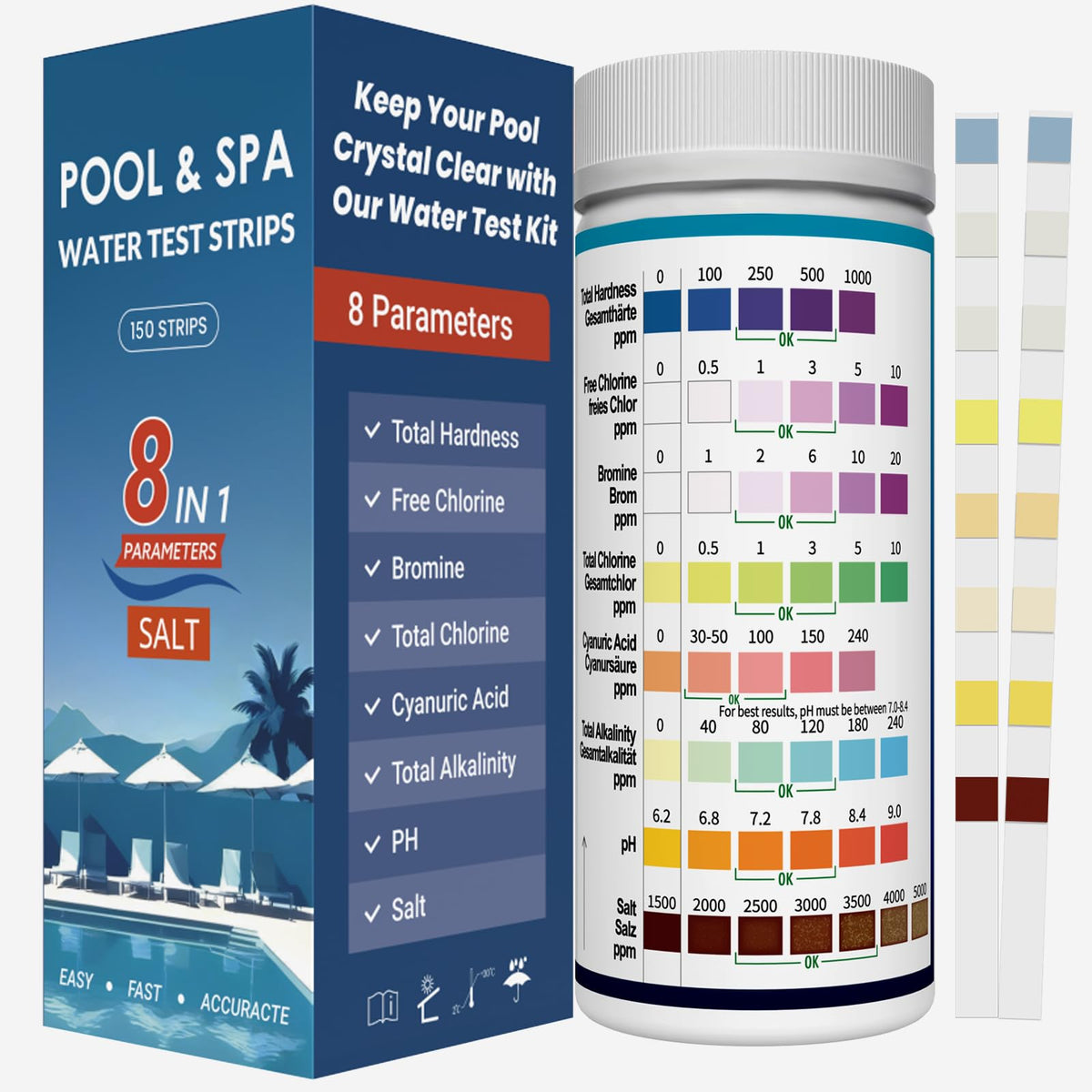 Joyzakzak 8-in-1 pool test strip bottle for quick accurate readings