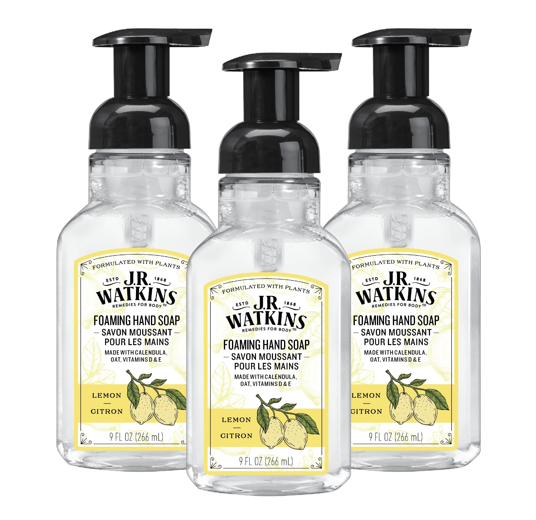 J.R. Watkins Citron foaming hand soap with pump delivers refreshing cleansing.