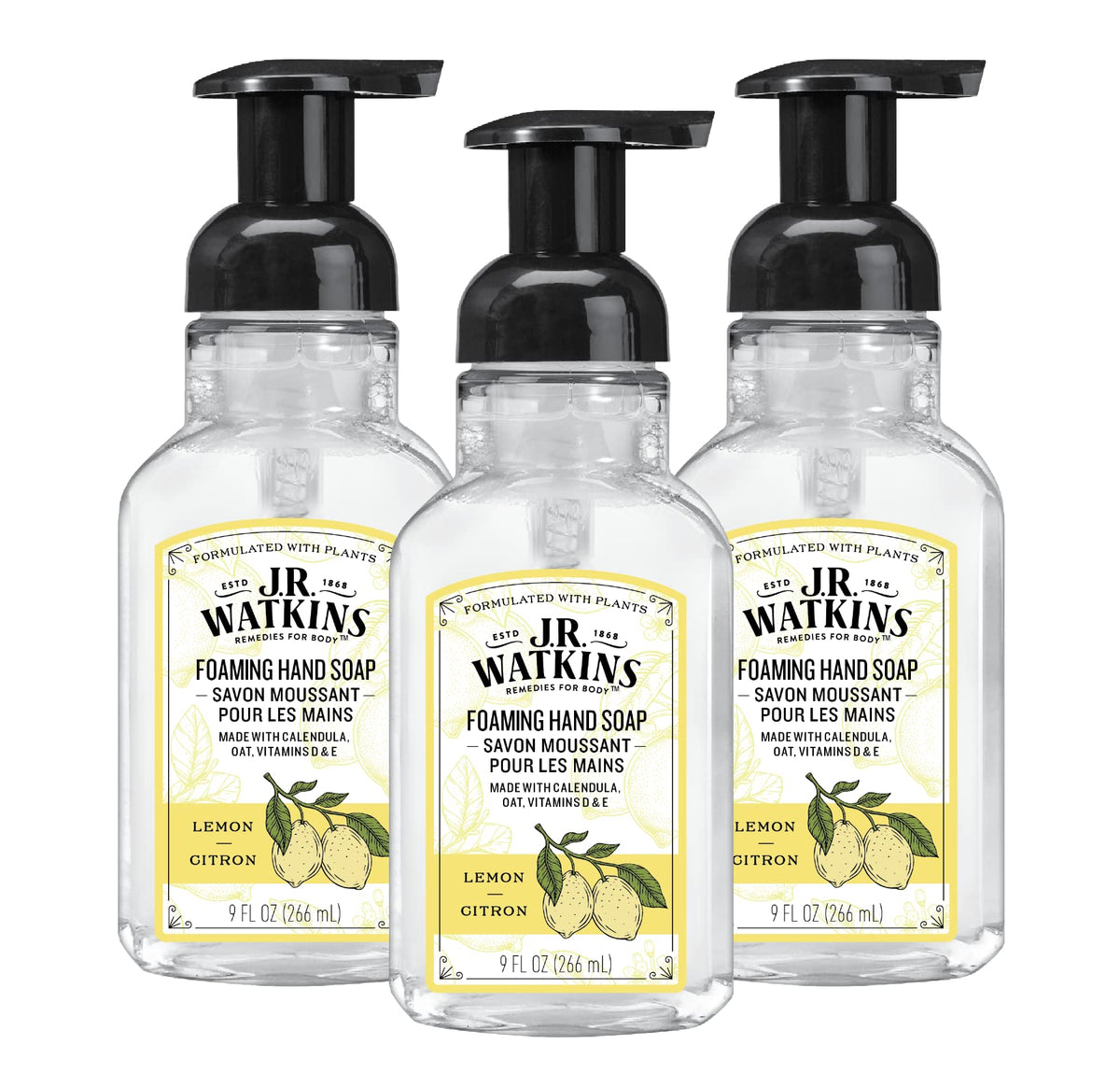 J.R. Watkins Citron foaming hand soap with pump delivers refreshing cleansing.