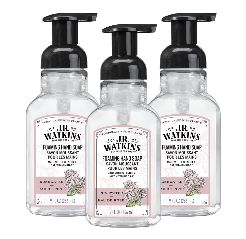 J.R. Watkins foaming hand soap with pump dispenser for quick, gentle cleansing.