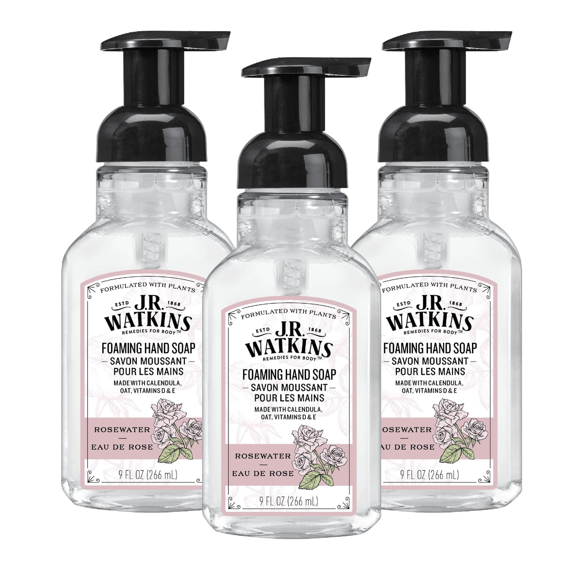 J.R. Watkins foaming hand soap with pump dispenser for quick, gentle cleansing.