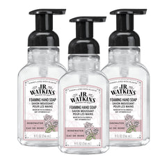 J.R. Watkins foaming hand soap with pump dispenser for quick, gentle cleansing.