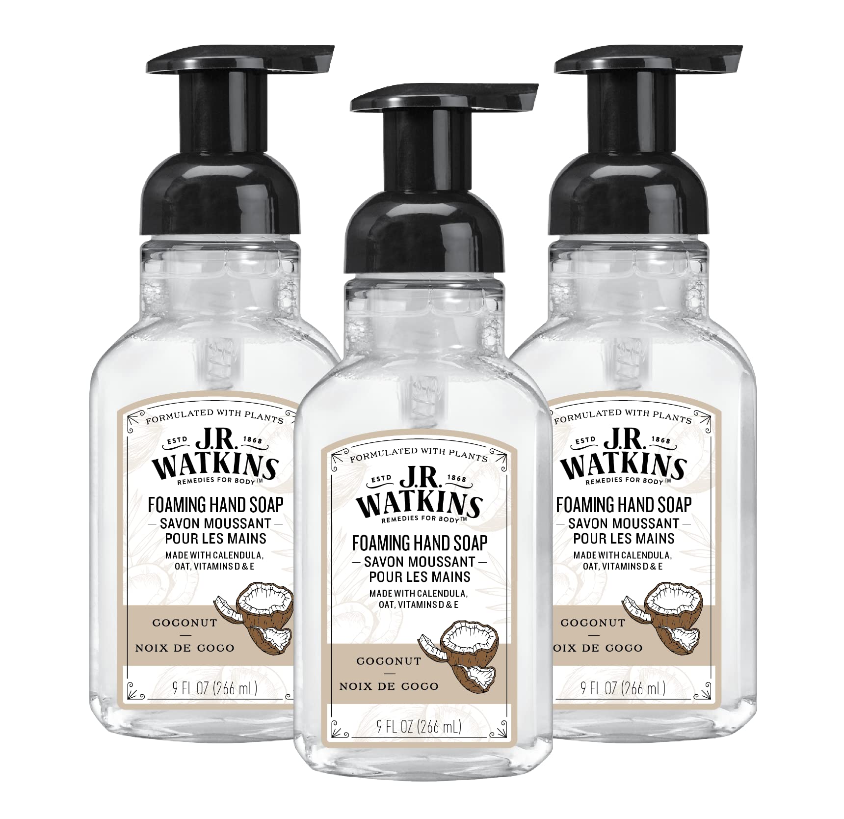 J.R. Watkins foaming hand soap pump with coconut scent for gentle cleansing.