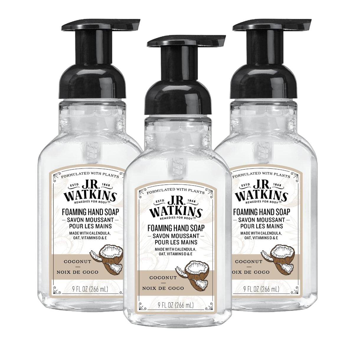J.R. Watkins foaming hand soap pump with coconut scent for gentle cleansing.