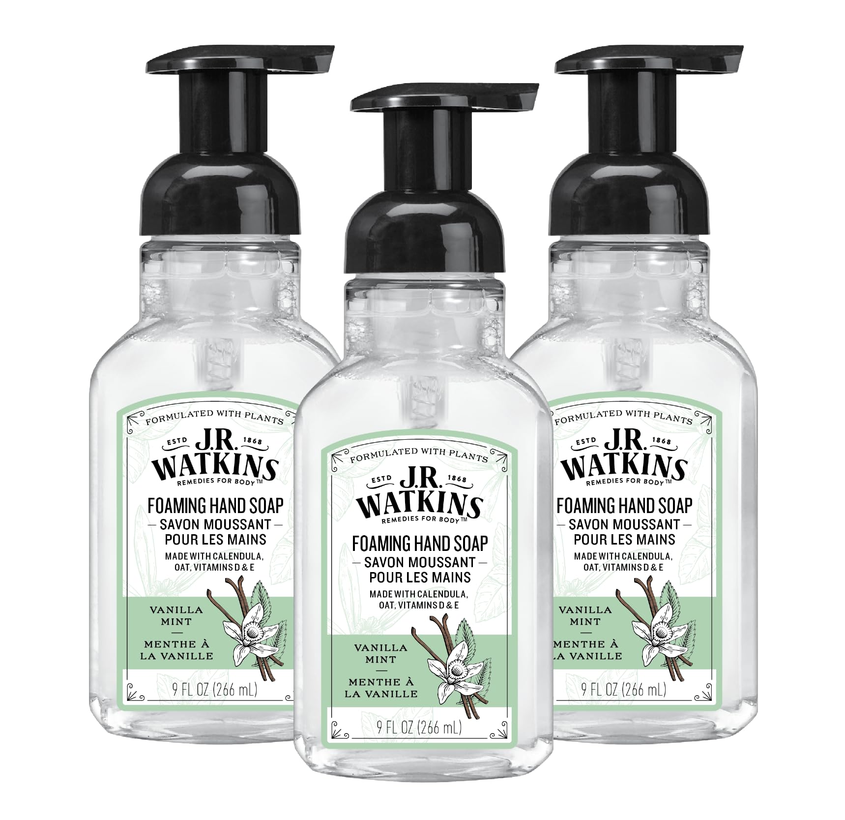 J.R. Watkins Vanilla Mint foaming soap pump delivering gentle moisture