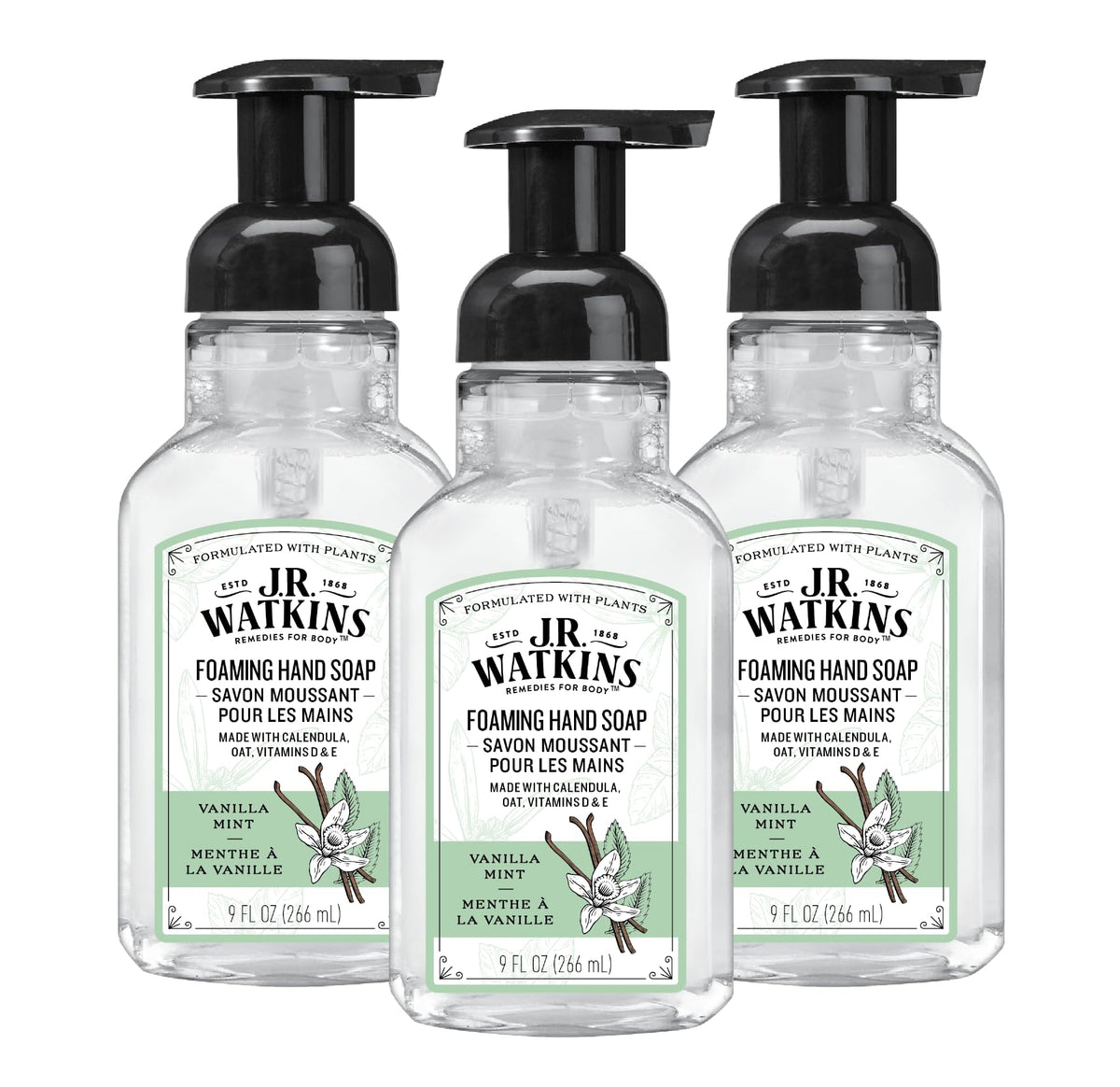 J.R. Watkins Vanilla Mint foaming soap pump delivering gentle moisture