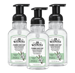 J.R. Watkins Vanilla Mint foaming soap pump delivering gentle moisture