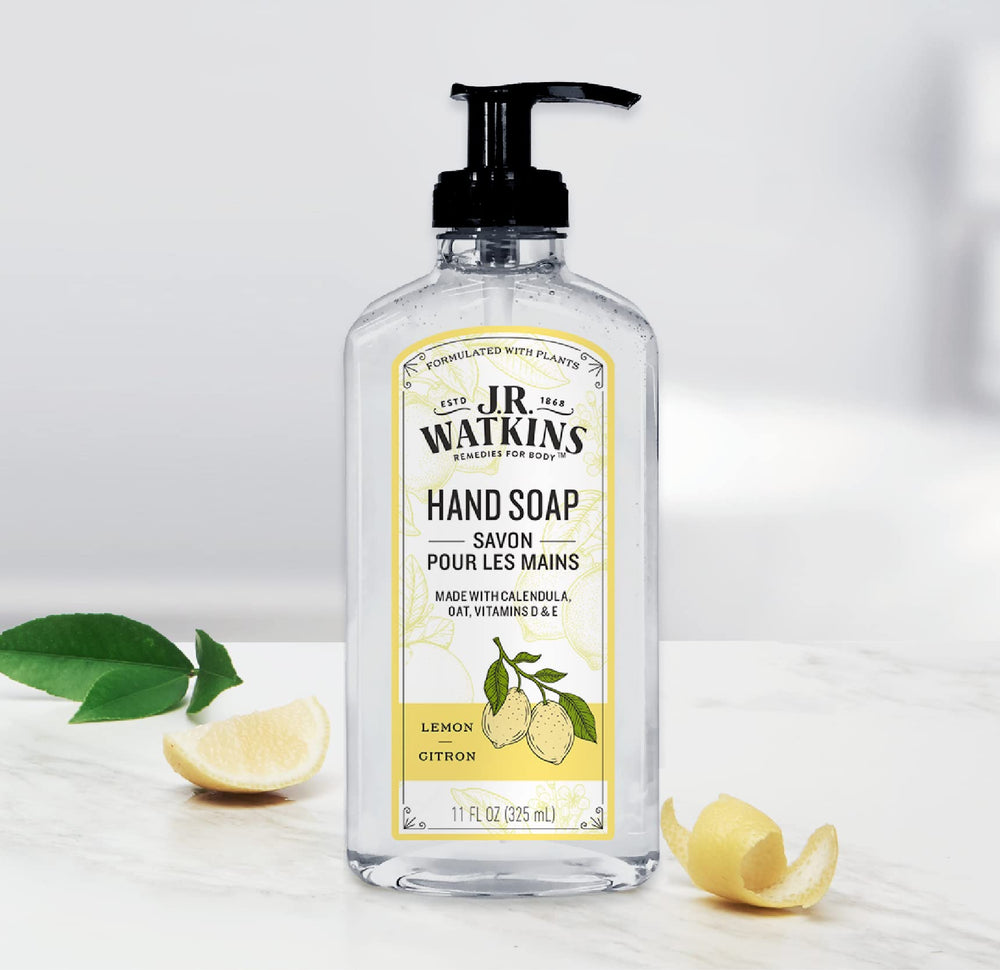 J.R. Watkins gel hand soap lemon in bathroom or kitchen setting for everyday freshness.