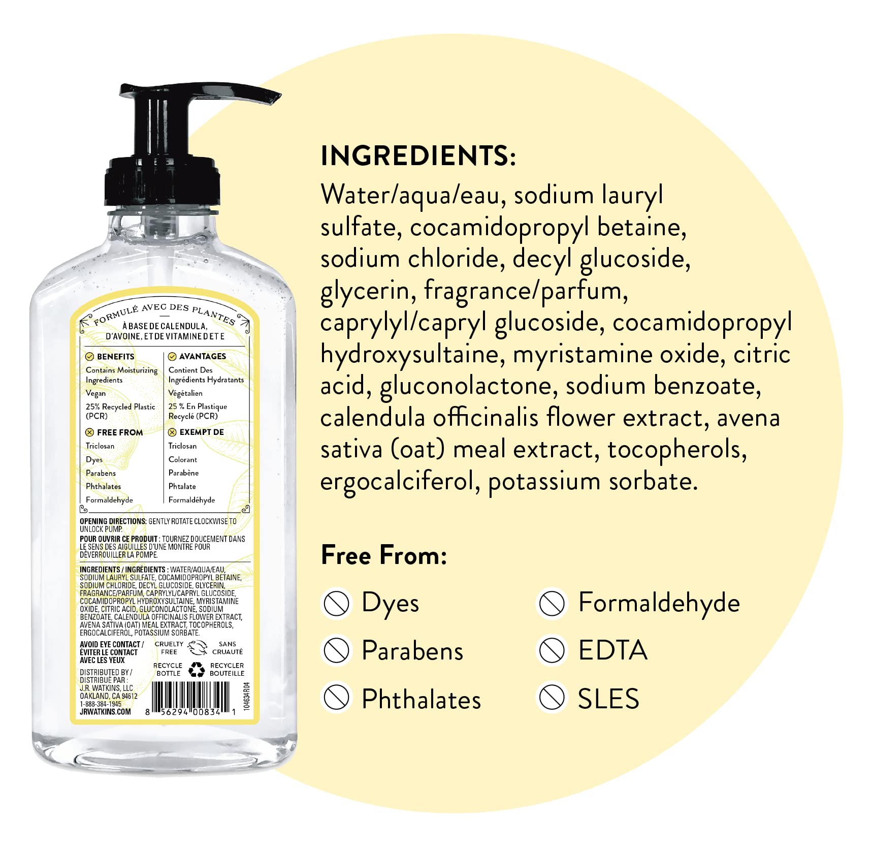 J.R. Watkins gel hand soap lemon cruelty-free logo foreground signals responsible cleansing.