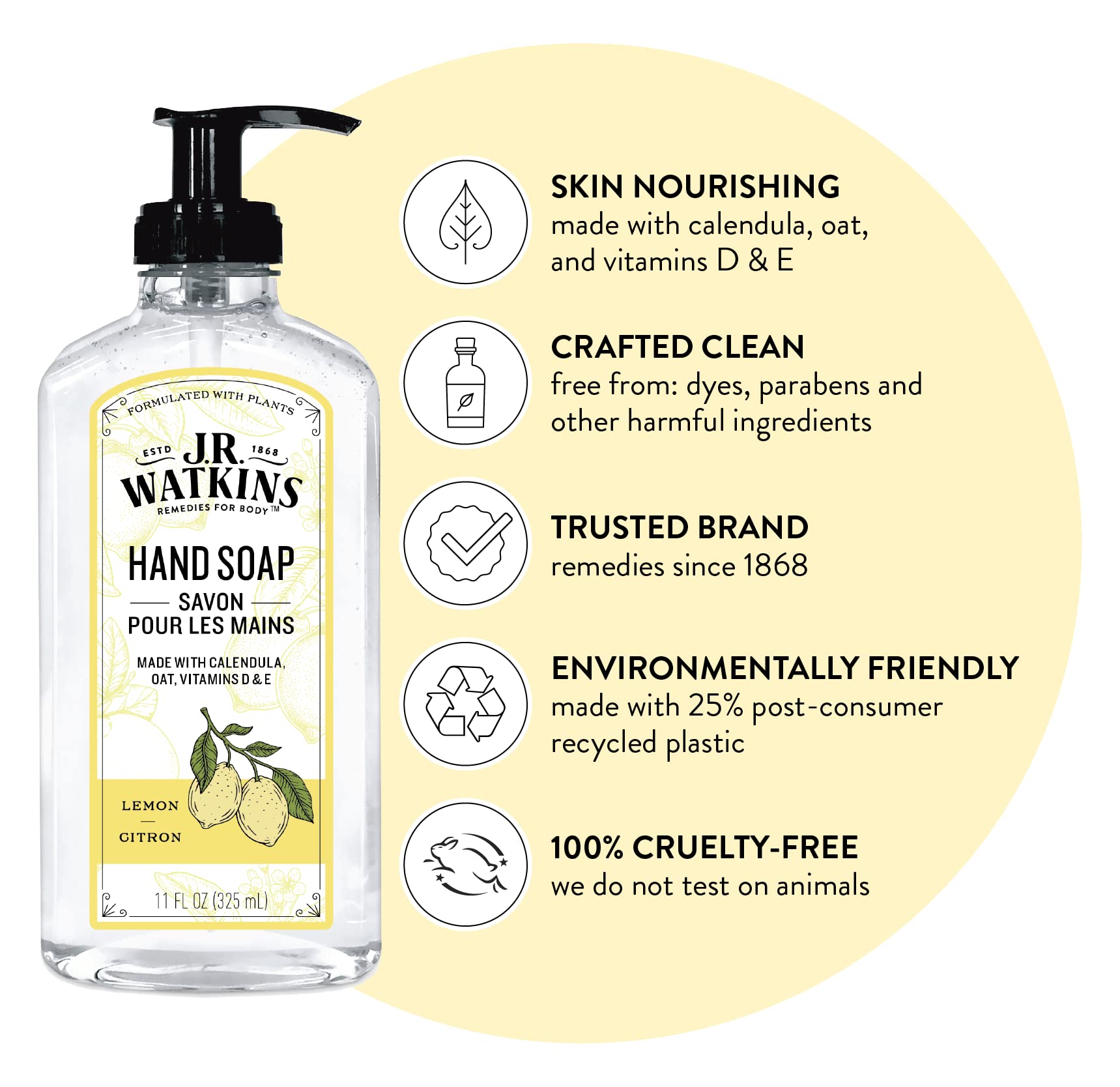 J.R. Watkins gel hand soap lemon foam lather showing rich texture for thorough cleaning.