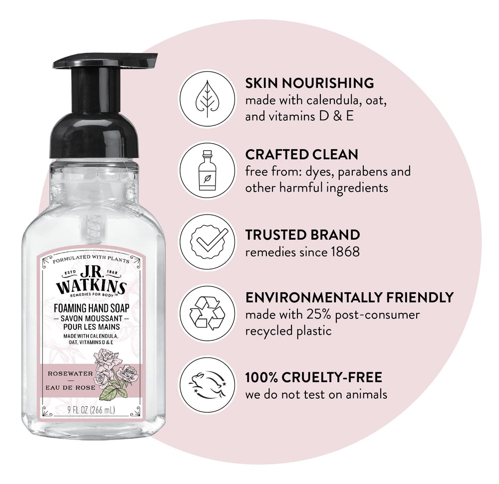 J.R. Watkins rosewater foaming hand wash with refreshing fragrance for daily use.