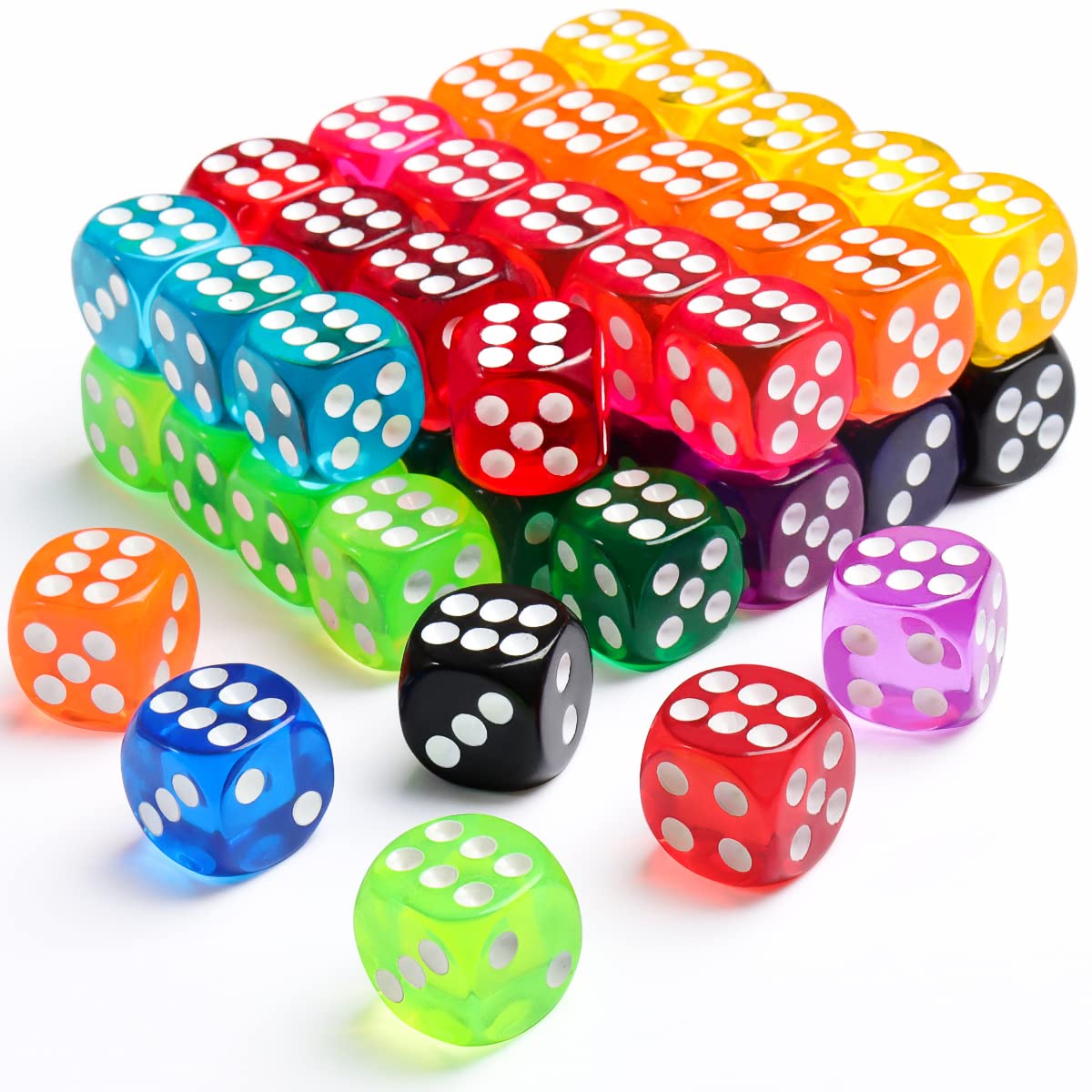 Jrceliy 50-piece dice set close-up, durable 14mm colored dice for family games.