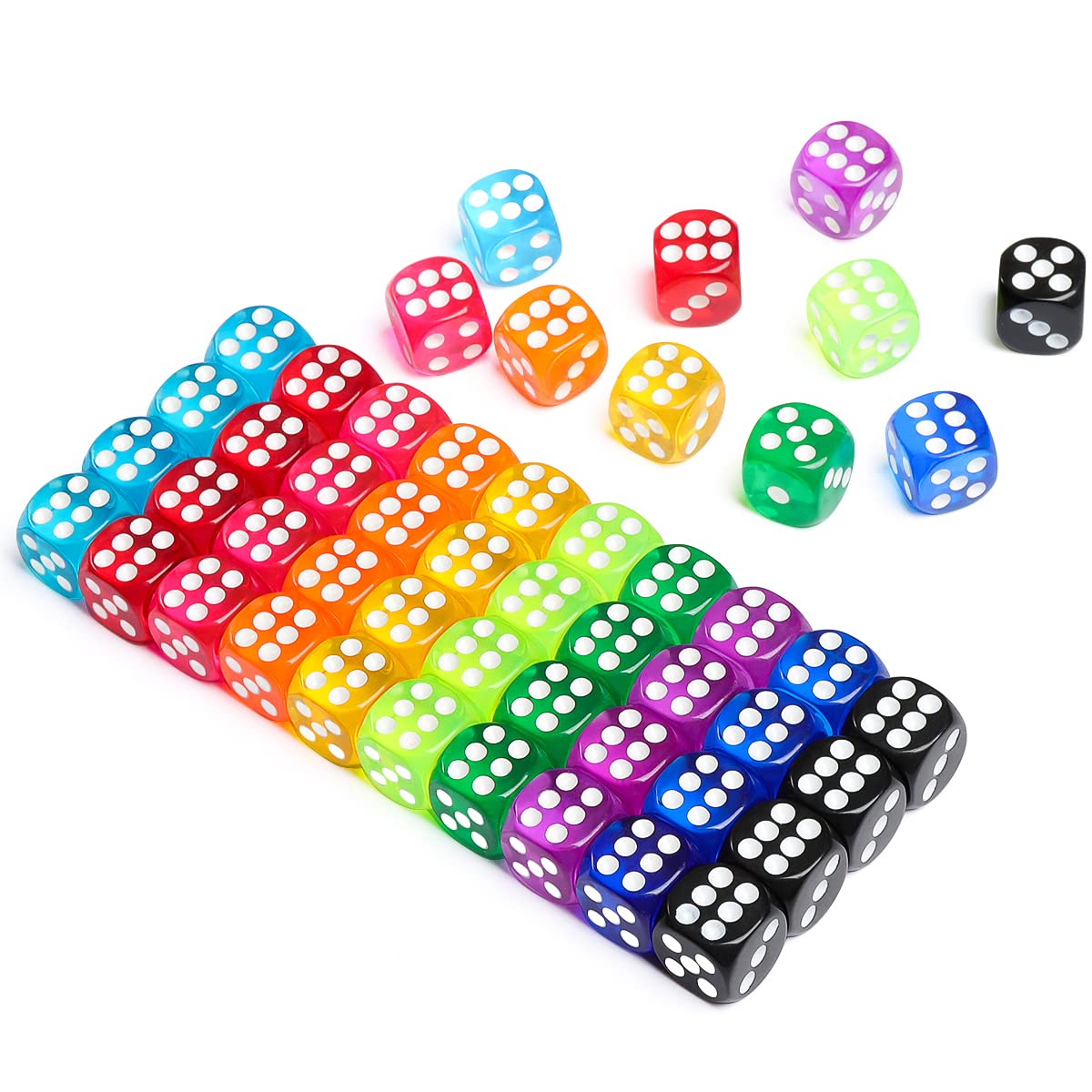 Jrceliy dice with 10 translucent colors for quick grouping.