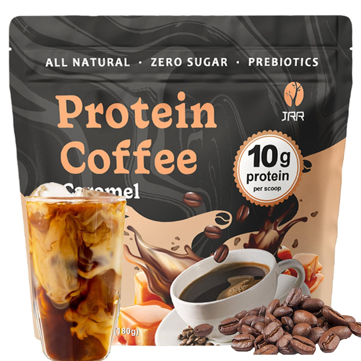 JRR Caramel Protein Coffee Powder bottle shows premium blend for energized mornings