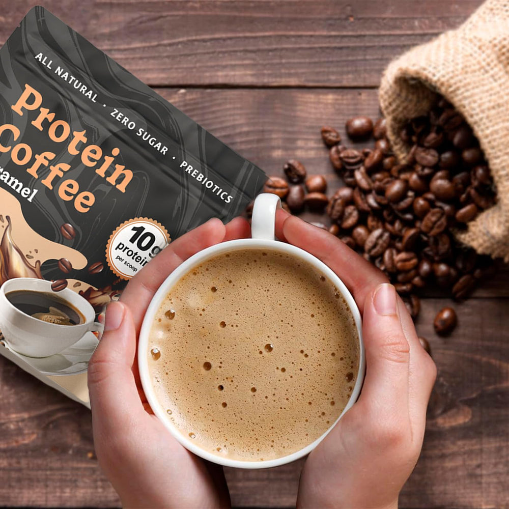 JRR Caramel Protein Coffee Powder iced coffee glass with natural flavor aroma and low sugar